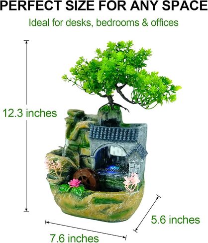 Tabletop Waterfall Fountain, Resin Indoor Desk Fountain with Color-Changing LED Lights, Quiet Pump Small Rockery Water Feature with Faux Bonsai Tree for Home, Office, Bedroom, Relaxation Decor in Saudi Arabia