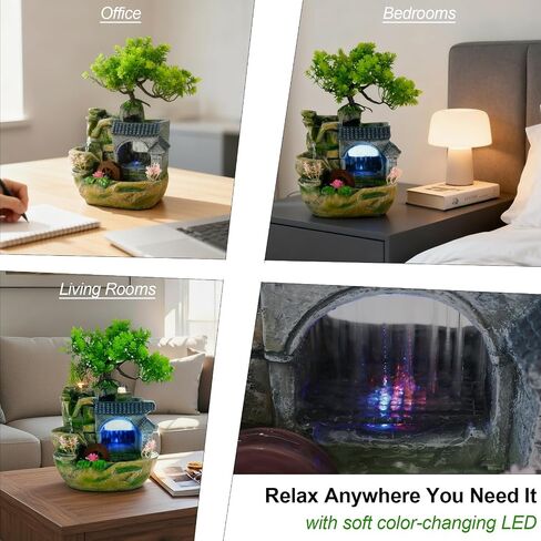 Tabletop Waterfall Fountain, Resin Indoor Desk Fountain with Color-Changing LED Lights, Quiet Pump Small Rockery Water Feature with Faux Bonsai Tree for Home, Office, Bedroom, Relaxation Decor in Saudi Arabia