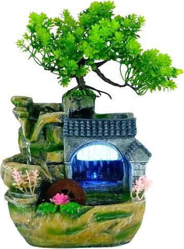 Tabletop Waterfall Fountain, Resin Indoor Desk Fountain with Color-Changing LED Lights, Quiet Pump Small Rockery Water Feature with Faux Bonsai Tree for Home, Office, Bedroom, Relaxation Decor in Saudi Arabia
