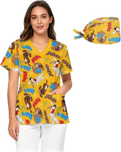 Women's Loose-Fit Medical Scrubs V-Neck with Printed Nurse Cap Design Pocketed Nurse Uniform Top Sizes S - 5XL in Saudi Arabia