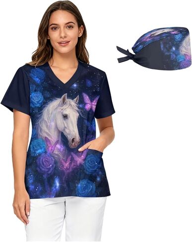 Women's Loose-Fit Medical Scrubs V-Neck with Printed Nurse Cap Design Pocketed Nurse Uniform Top Sizes S - 5XL in Saudi Arabia