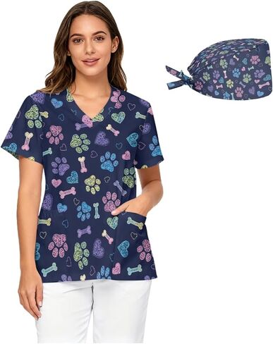 Women's Loose-Fit Medical Scrubs V-Neck with Printed Nurse Cap Design Pocketed Nurse Uniform Top Sizes S - 5XL in Saudi Arabia