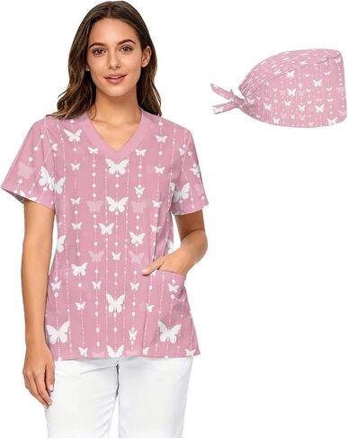 Women's Loose-Fit Medical Scrubs V-Neck with Printed Nurse Cap Design Pocketed Nurse Uniform Top Sizes S - 5XL in Saudi Arabia