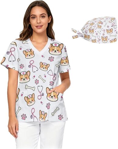 Women's Loose-Fit Medical Scrubs V-Neck with Printed Nurse Cap Design Pocketed Nurse Uniform Top Sizes S - 5XL in Saudi Arabia