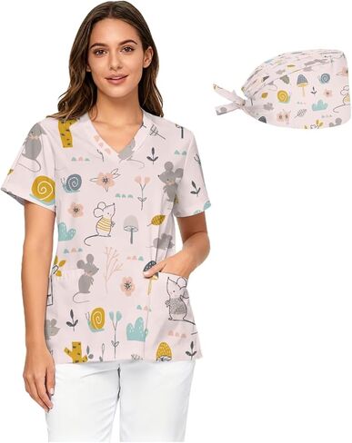 Women's Loose-Fit Medical Scrubs V-Neck with Printed Nurse Cap Design Pocketed Nurse Uniform Top Sizes S - 5XL in Saudi Arabia