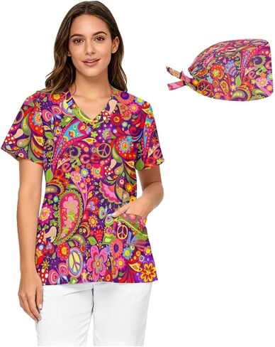 Women's Loose-Fit Medical Scrubs V-Neck with Printed Nurse Cap Design Pocketed Nurse Uniform Top Sizes S - 5XL in Saudi Arabia