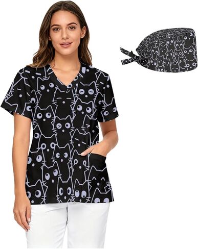 Women's Loose-Fit Medical Scrubs V-Neck with Printed Nurse Cap Design Pocketed Nurse Uniform Top Sizes S - 5XL in Saudi Arabia