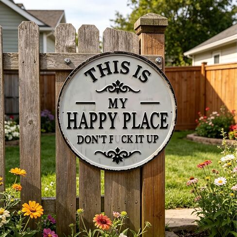 Funny Metal Sign -"This Is My Happy Place Don't F*ck It Up" Vintage Decor,Print Aesthetic Room Decoration Sign for Home Garden Farm Bar or Coffee Wall Decor Hanging Ornament (12 * 12in) (Large) in Kuwait