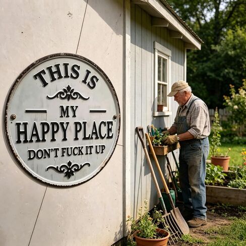 Funny Metal Sign -"This Is My Happy Place Don't F*ck It Up" Vintage Decor,Print Aesthetic Room Decoration Sign for Home Garden Farm Bar or Coffee Wall Decor Hanging Ornament (12 * 12in) (Large) in Kuwait