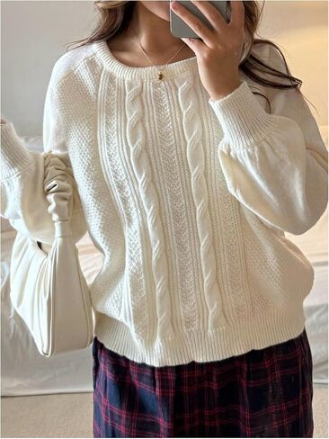 RoseSeek Girl's Cable Knit Off Shoulder Sweaters Asymmetrical Neck Long Sleeve Pullover Sweaters Casual Jumpers in Kuwait