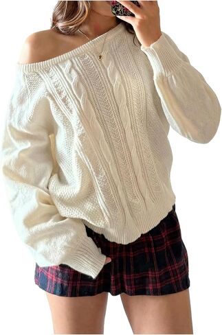 RoseSeek Girl's Cable Knit Off Shoulder Sweaters Asymmetrical Neck Long Sleeve Pullover Sweaters Casual Jumpers in Kuwait