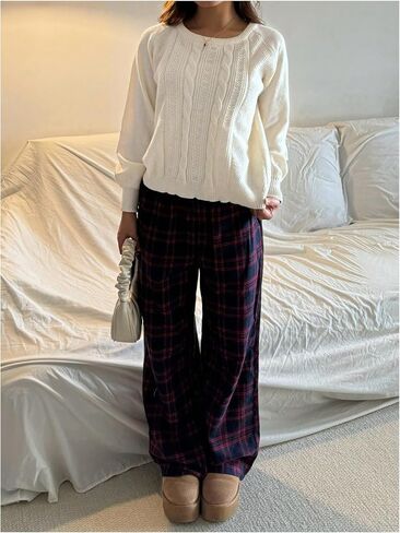 RoseSeek Girl's Cable Knit Off Shoulder Sweaters Asymmetrical Neck Long Sleeve Pullover Sweaters Casual Jumpers in Kuwait