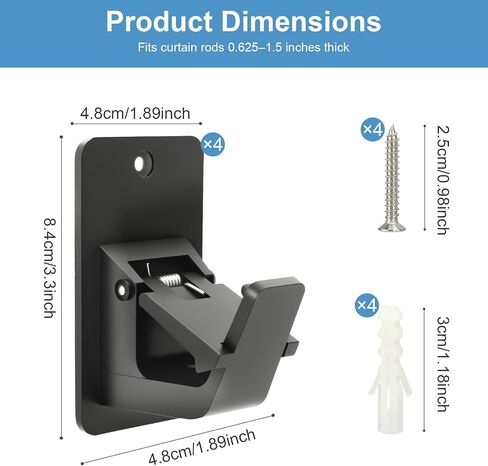 4 Pack Adhesive Curtain Rod Holders, Black | No Drill, Self Adhesive Wall Mount, Renter Friendly, Fits Rods Up to 0.78 Inch in Saudi Arabia