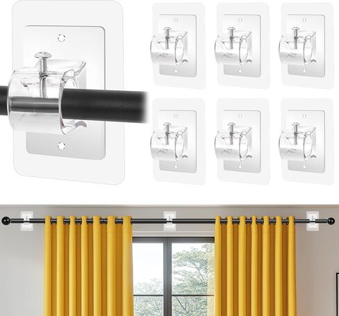 6PCS Self Adhesive Curtain Rod Holder No Drilling,No Drill Curtain Rod Brackets,Renter Friendly Draper Rod Hook,Nail Free Adjustable Non Screw Drapery Pole for Apartment Window Wall Door Ceiling Mount in Saudi Arabia