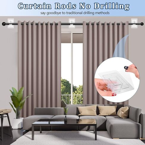 6PCS Self Adhesive Curtain Rod Holder No Drilling,No Drill Curtain Rod Brackets,Renter Friendly Draper Rod Hook,Nail Free Adjustable Non Screw Drapery Pole for Apartment Window Wall Door Ceiling Mount in Saudi Arabia