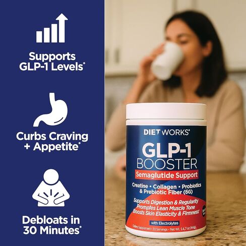 DietWorks GLP-1 Booster – Daily Companion Drink Mix with 6g Prebiotic Fiber, Probiotics, Collagen & Creatine – Supports Gut Health, Hydration, Energy & Wellness – Lemon Lime Flavor, 30 Servings in Saudi Arabia