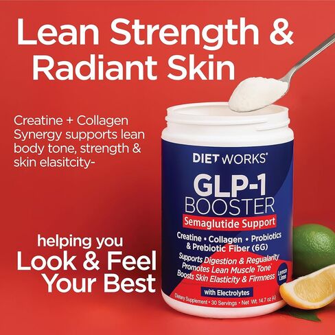 DietWorks GLP-1 Booster – Daily Companion Drink Mix with 6g Prebiotic Fiber, Probiotics, Collagen & Creatine – Supports Gut Health, Hydration, Energy & Wellness – Lemon Lime Flavor, 30 Servings in Saudi Arabia