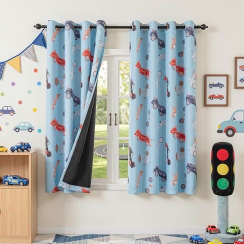 MYSKY HOME Printed Blackout Curtains 63 Inch Long 2 Panels Set Car Pattern Privacy Protection Thermal Insulated Curtains Grommet Drapes for Boys Girls Kids Bedroom Playroom Nursery, Blue, in Kuwait