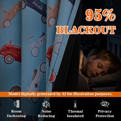 MYSKY HOME Printed Blackout Curtains 63 Inch Long 2 Panels Set Car Pattern Privacy Protection Thermal Insulated Curtains Grommet Drapes for Boys Girls Kids Bedroom Playroom Nursery, Blue, in Kuwait