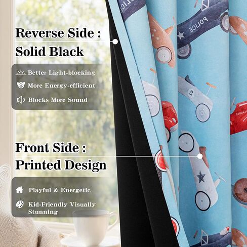 MYSKY HOME Printed Blackout Curtains 63 Inch Long 2 Panels Set Car Pattern Privacy Protection Thermal Insulated Curtains Grommet Drapes for Boys Girls Kids Bedroom Playroom Nursery, Blue, in Kuwait
