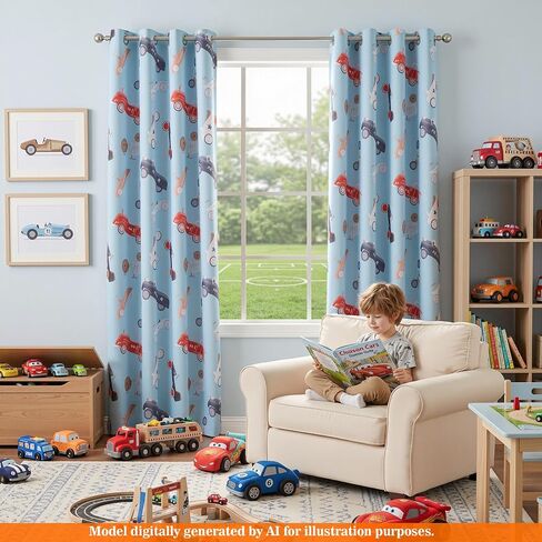MYSKY HOME Printed Blackout Curtains 63 Inch Long 2 Panels Set Car Pattern Privacy Protection Thermal Insulated Curtains Grommet Drapes for Boys Girls Kids Bedroom Playroom Nursery, Blue, in Kuwait
