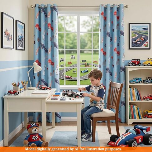 MYSKY HOME Printed Blackout Curtains 63 Inch Long 2 Panels Set Car Pattern Privacy Protection Thermal Insulated Curtains Grommet Drapes for Boys Girls Kids Bedroom Playroom Nursery, Blue, in Kuwait