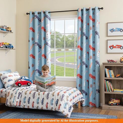 MYSKY HOME Printed Blackout Curtains 63 Inch Long 2 Panels Set Car Pattern Privacy Protection Thermal Insulated Curtains Grommet Drapes for Boys Girls Kids Bedroom Playroom Nursery, Blue, in Kuwait
