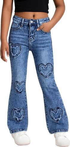 SEAUR Girls Flare Jeans Denim Bell Bottom Pants 70s Retro Flare Jeans High Waisted Wide Leg Trousers 7-14T in Kuwait