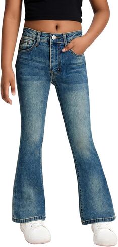 SEAUR Girls Flare Jeans Denim Bell Bottom Pants 70s Retro Flare Jeans High Waisted Wide Leg Trousers 7-14T in Kuwait