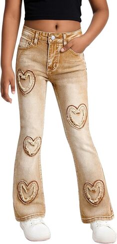 SEAUR Girls Flare Jeans Denim Bell Bottom Pants 70s Retro Flare Jeans High Waisted Wide Leg Trousers 7-14T in Kuwait