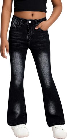 SEAUR Girls Flare Jeans Denim Bell Bottom Pants 70s Retro Flare Jeans High Waisted Wide Leg Trousers 7-14T in Kuwait