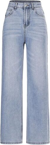 Girl's Jeans Cute Trendy Fashion Elastic Waist Denim Pants Straight Leg Trousers Bottoms with Pockets in Kuwait