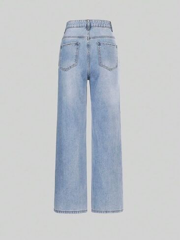 Girl's Jeans Cute Trendy Fashion Elastic Waist Denim Pants Straight Leg Trousers Bottoms with Pockets in Kuwait