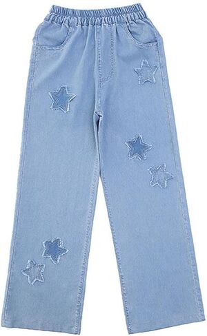 Girls High Wasited Jeans Wide Leg Denim Pants with Pockets Loose Fit Kids Casual Pants for 5-12 Years in Kuwait