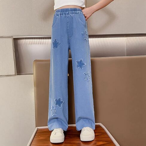 Girls High Wasited Jeans Wide Leg Denim Pants with Pockets Loose Fit Kids Casual Pants for 5-12 Years in Kuwait