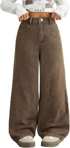 WDIRARA Girl's Baggy Elastic Waist Jeans Wide Leg Loose Vintage Denim Pants with Pockets Streetwear in Kuwait