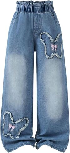 SHENHE Girl's Wide Leg Elastic Waist Jeans Frayed Butterfly Bow Print Baggy Paperbag Jeans in Saudi Arabia