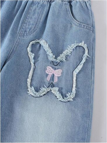 SHENHE Girl's Wide Leg Elastic Waist Jeans Frayed Butterfly Bow Print Baggy Paperbag Jeans in Saudi Arabia