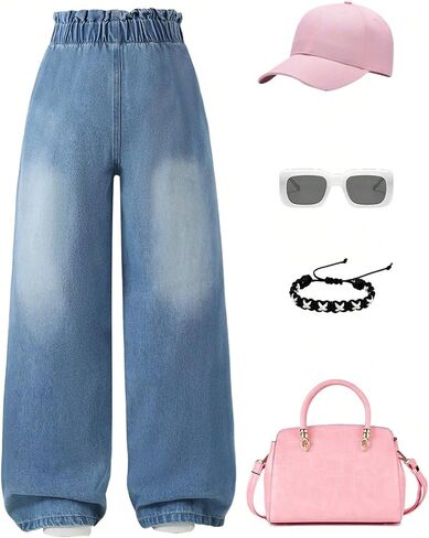 SHENHE Girl's Wide Leg Elastic Waist Jeans Frayed Butterfly Bow Print Baggy Paperbag Jeans in Saudi Arabia