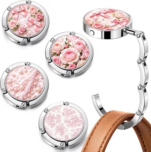 4 Pack Foldable Purse Hook for Table, Bag Holder for Table and Desk, Portable Handbag Hanger Hooks for Women, Cute Purse Table Hook, Satin Bows Lace and Pearl Design in Saudi Arabia