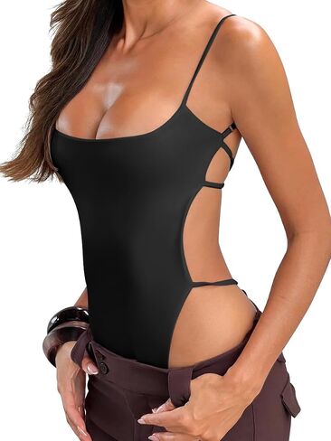 OQQ Women's Backless Bodysuit Adjustable Spaghetti Strap Thong Bodysuit Fully Lined Sexy Night Out Bodycon Top in Kuwait