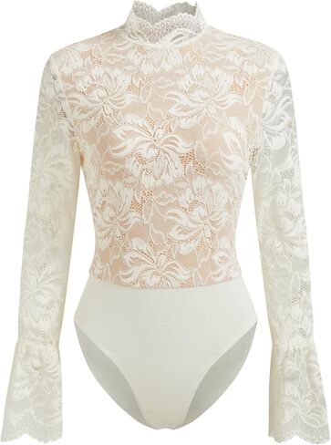 CIDER Womens Bodysuits Floral Lace Stand Collar Ruffle Long Sleeve Mock Neck Sheer Top in Kuwait
