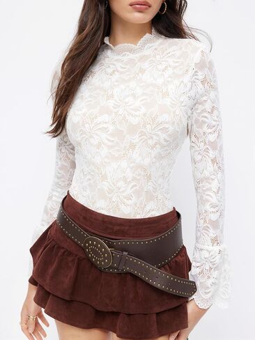 CIDER Womens Bodysuits Floral Lace Stand Collar Ruffle Long Sleeve Mock Neck Sheer Top in Kuwait