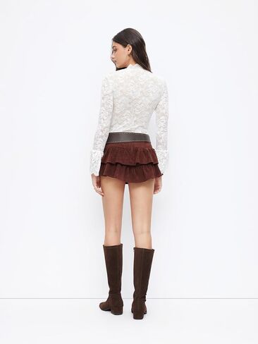 CIDER Womens Bodysuits Floral Lace Stand Collar Ruffle Long Sleeve Mock Neck Sheer Top in Kuwait