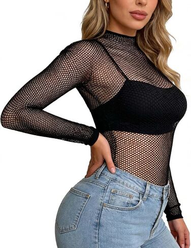 Jolbndcv Long Sleeve Mesh Top,Sexy Tight Fitting See-Through Mock Neck Fishnet Lace Sheer Shirt Blouses Bodycon Clubwear Party Tops for Women Men in Kuwait