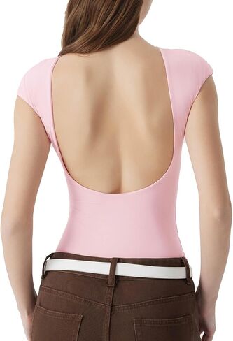SUUKSESS Women Backless Y2k Short Sleeve Bodysuit Double Lined Open Back Sexy Basic Top in Kuwait