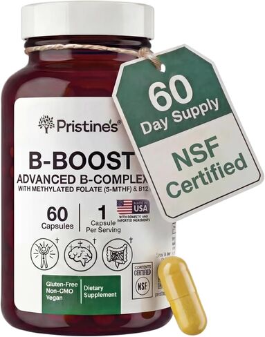 PRISTINE'S B-Boost Advanced Vitamin B Complex Capsules w/Methylated Folate 5-MTHF, Methylcobalamin B12 & Choline, Supports Energy, Mental Clarity & Daily Wellness, 1 Cap Daily, 60 Capsules-NSF Cert in Saudi Arabia