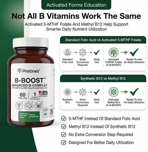 PRISTINE'S B-Boost Advanced Vitamin B Complex Capsules w/Methylated Folate 5-MTHF, Methylcobalamin B12 & Choline, Supports Energy, Mental Clarity & Daily Wellness, 1 Cap Daily, 60 Capsules-NSF Cert in Saudi Arabia