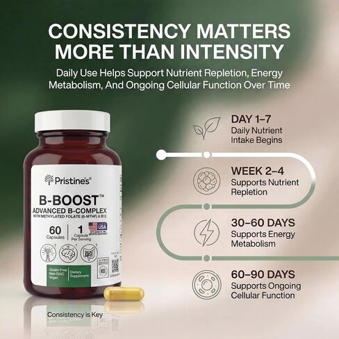 PRISTINE'S B-Boost Advanced Vitamin B Complex Capsules w/Methylated Folate 5-MTHF, Methylcobalamin B12 & Choline, Supports Energy, Mental Clarity & Daily Wellness, 1 Cap Daily, 60 Capsules-NSF Cert in Saudi Arabia