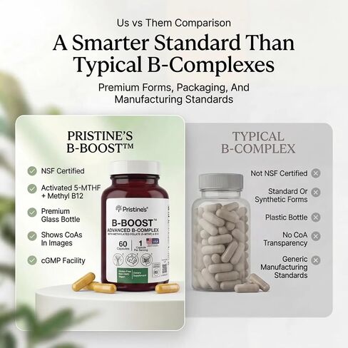 PRISTINE'S B-Boost Advanced Vitamin B Complex Capsules w/Methylated Folate 5-MTHF, Methylcobalamin B12 & Choline, Supports Energy, Mental Clarity & Daily Wellness, 1 Cap Daily, 60 Capsules-NSF Cert in Saudi Arabia